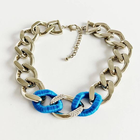 [Gold & Blue] Chunky Chain Link Necklace Rhinestone Crystal Accents - Picture 5 of 5